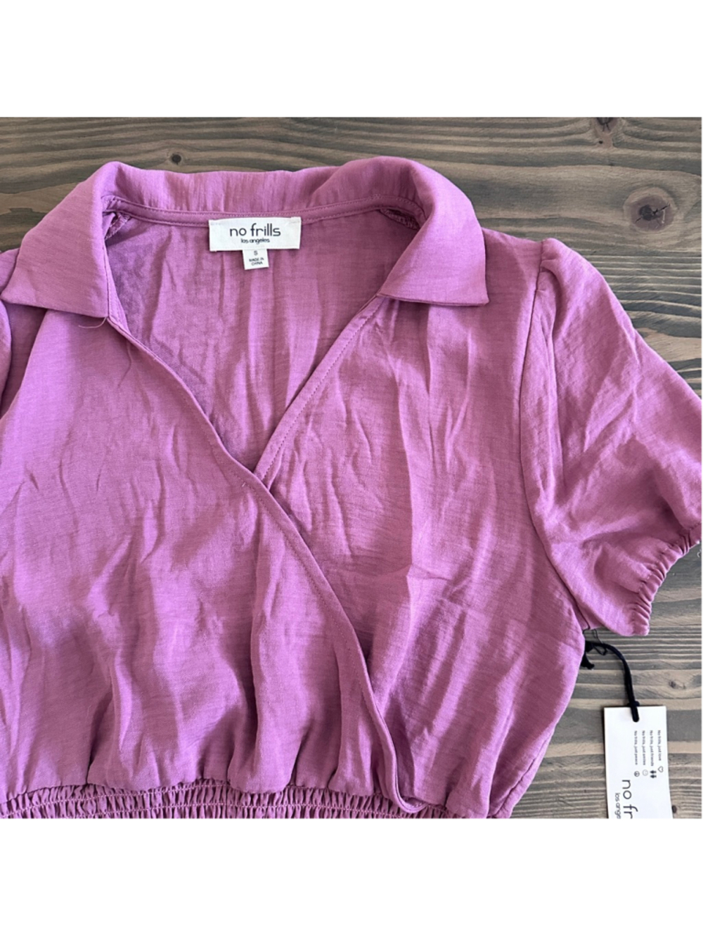 No Frills LA Purple Crop Top Puff Sleeve Smocked Waist Collared V Neck S